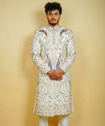 Off-White Silk Hand Embroidered with Zardosi Thread