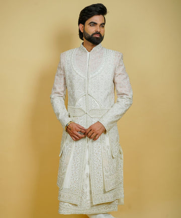 Ivory Silk Hand Embroidered with Thread and Pearls