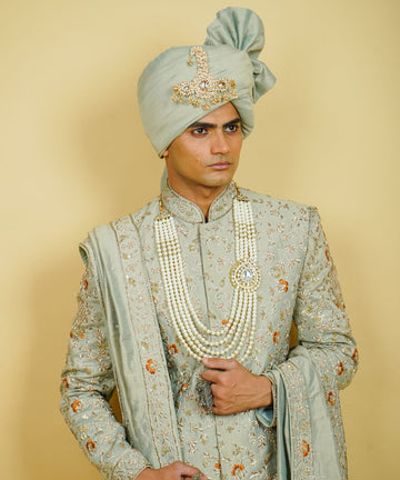 Mint Green Pure Silk Sherwani Hand Embroidered with Aari & Eplic Thread