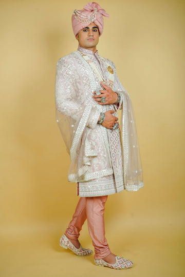 Mauve Silk Sherwani with Zari Sequin Dori Embroidery
