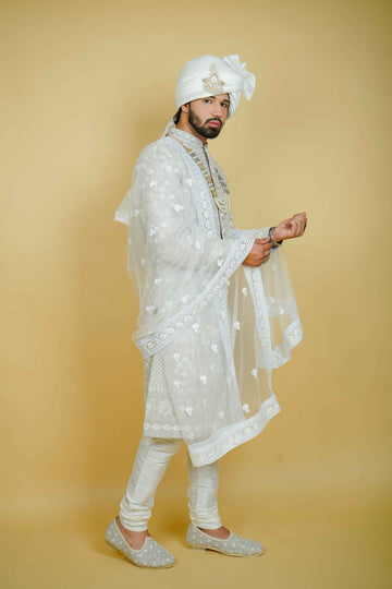 Grey Silk Sherwani Hand Embroidered with Glass Cut Dana