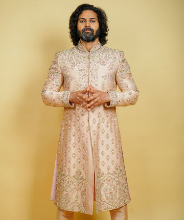 Peach Silk Hand Embroidered with Zardosi Thread and Pearls