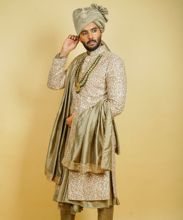 Gold Silk Hand Embroidered with Dori, Badla, and Sequins