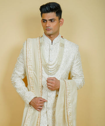 Ivory Silk Hand Embroidered Sherwani with Thread & Pearls