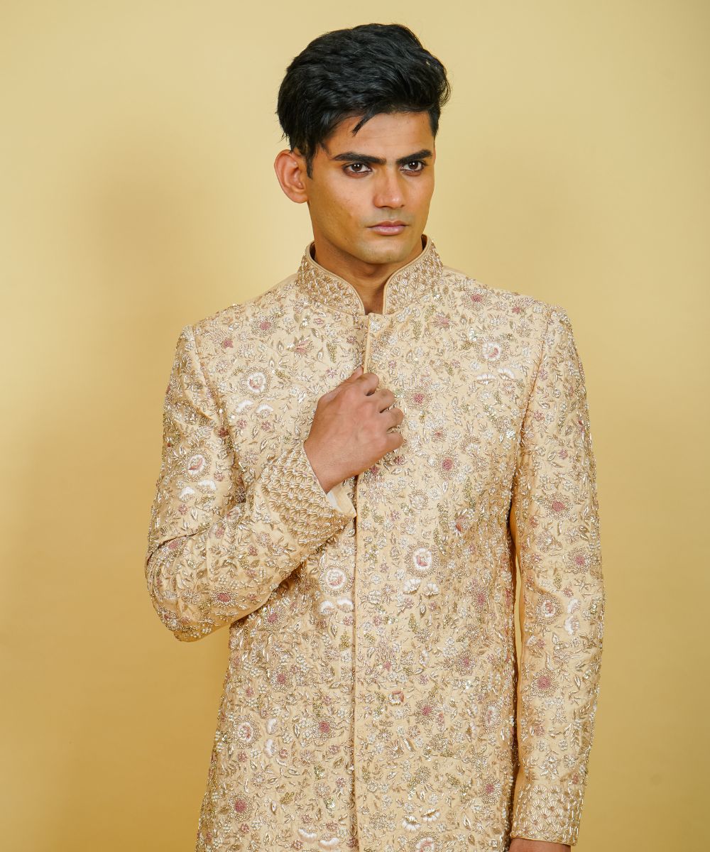 Peach Silk Hand Embroidered with Zardosi Thread