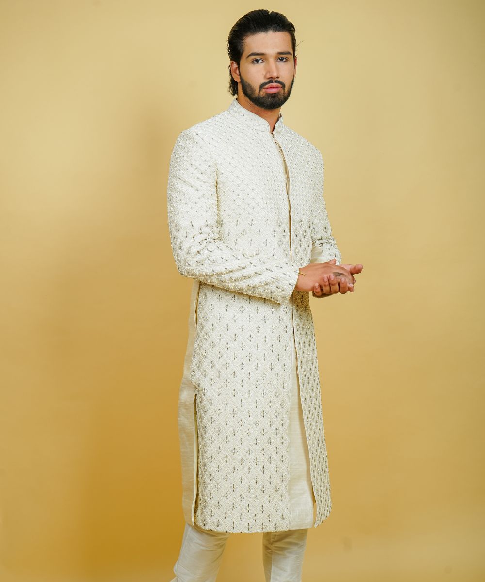 Ivory Silk Hand Embroidered with Dapka, Pearls, and Stones