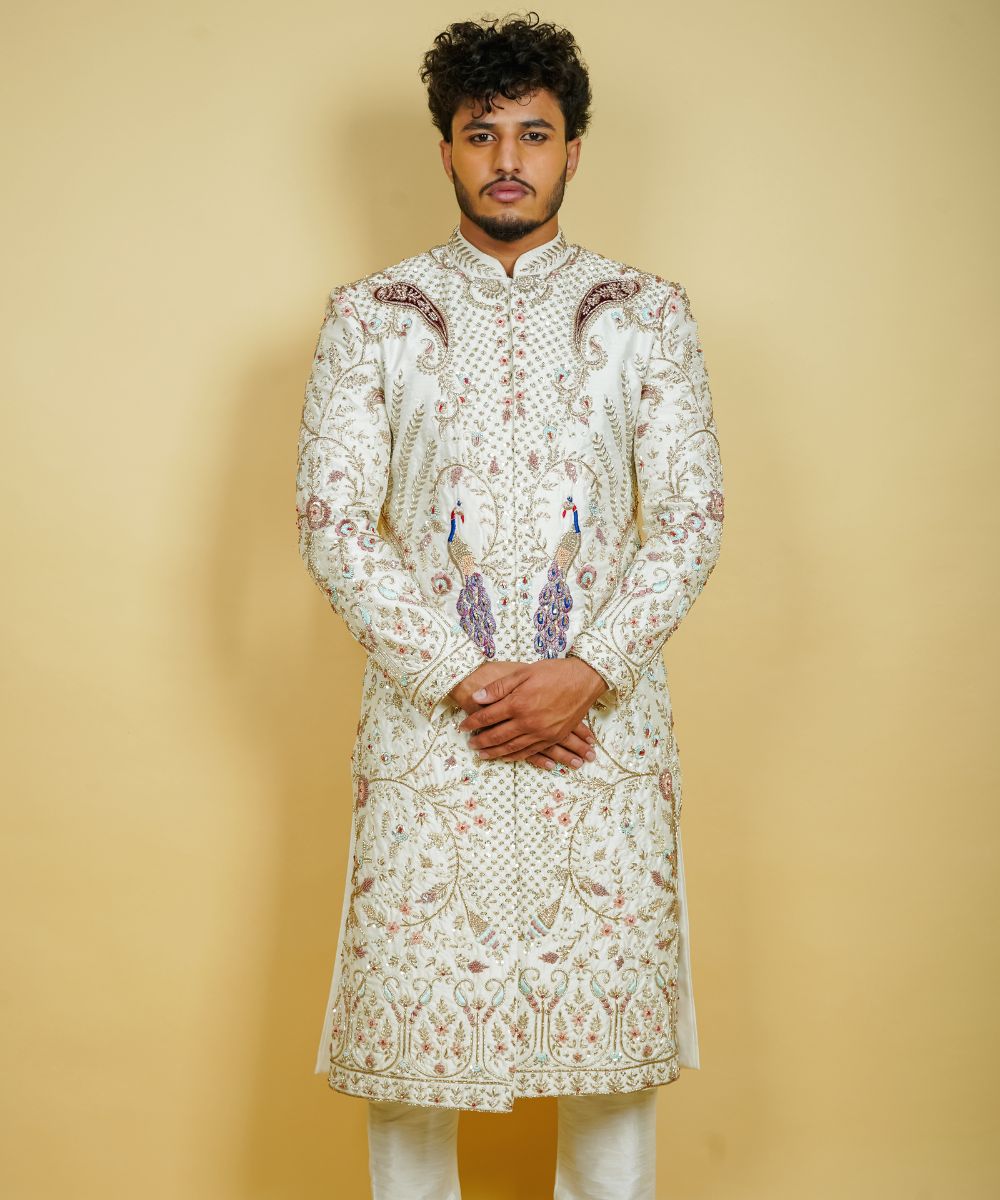 Off-White Silk Hand Embroidered with Zardosi Thread