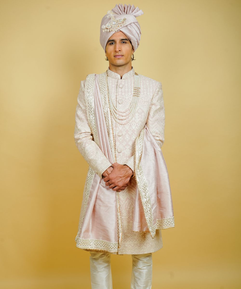 Mauve Georgette Hand Embroidered with Chicken Work & Serwork Thread