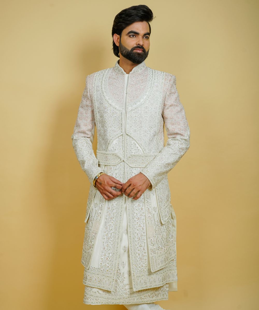 Ivory Silk Hand Embroidered with Thread and Pearls