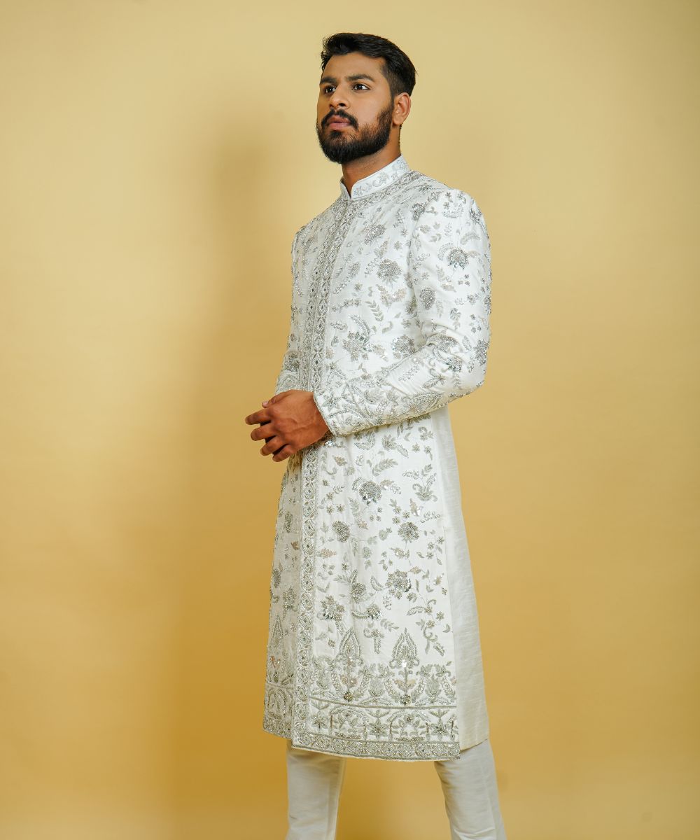 White Kora Silk Hand Embroidered with Zardosi and Sequins