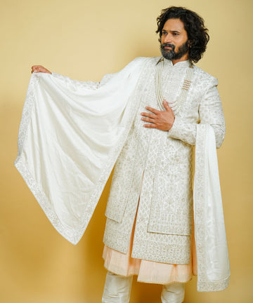 Off-White Silk Sherwani Hand Embroidered with Jarkan, Pearls, and Zari
