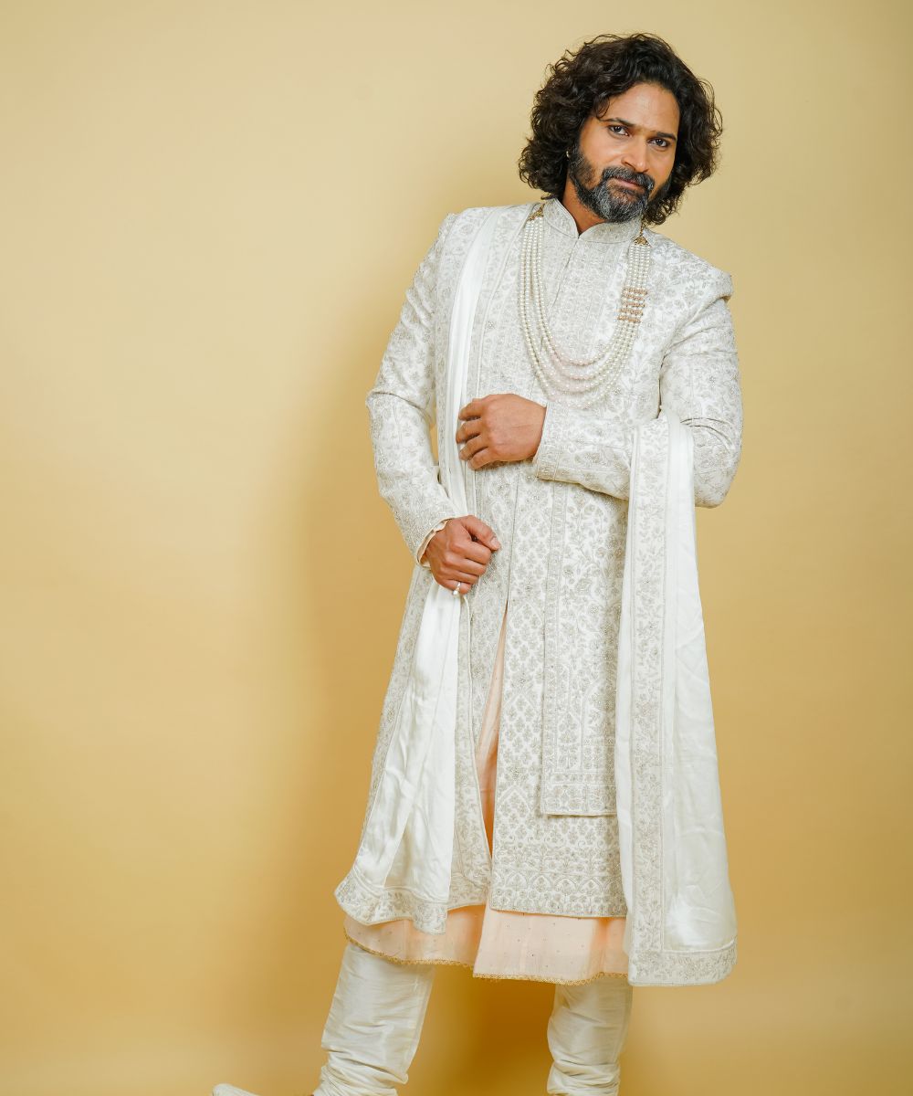 Off-White Silk Sherwani Hand Embroidered with Jarkan, Pearls, and Zari