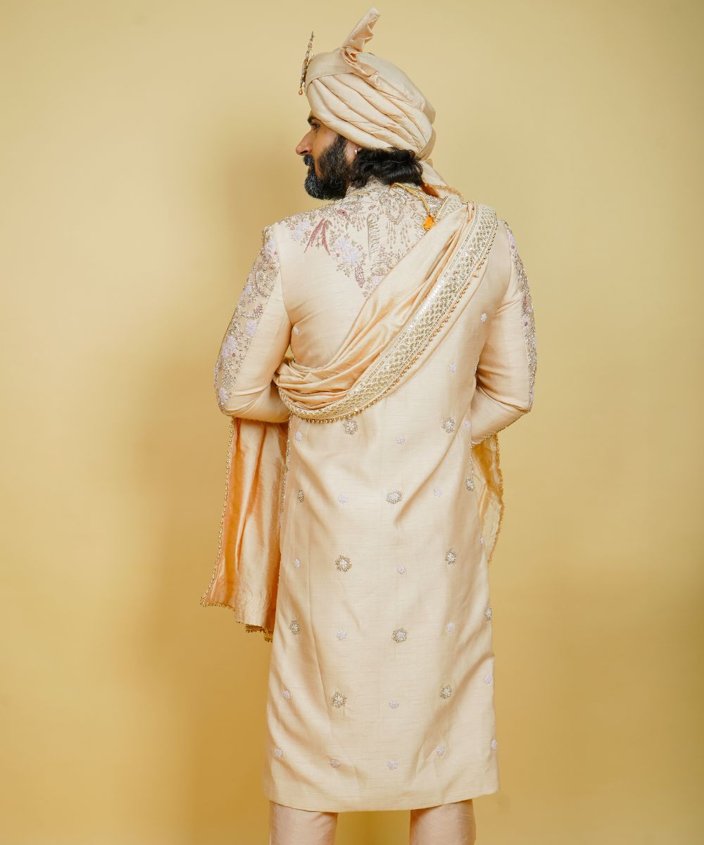 Peach Silk Hand Embroidered with Dapka, Aari, and French Knot