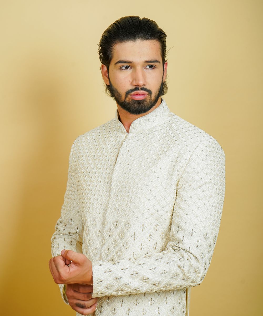 Ivory Silk Hand Embroidered with Dapka, Pearls, and Stones