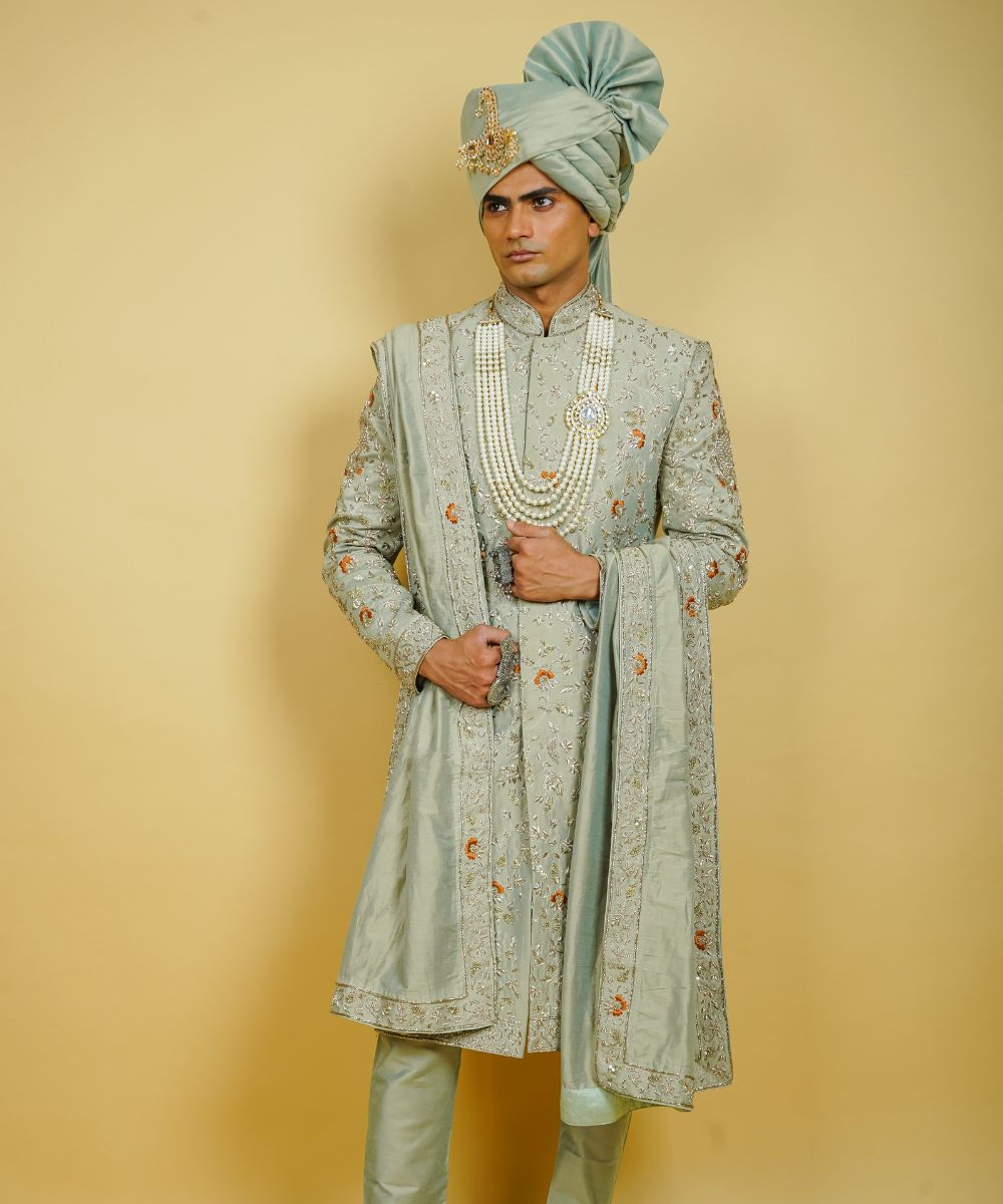 Mint Green Pure Silk Sherwani Hand Embroidered with Aari & Eplic Thread