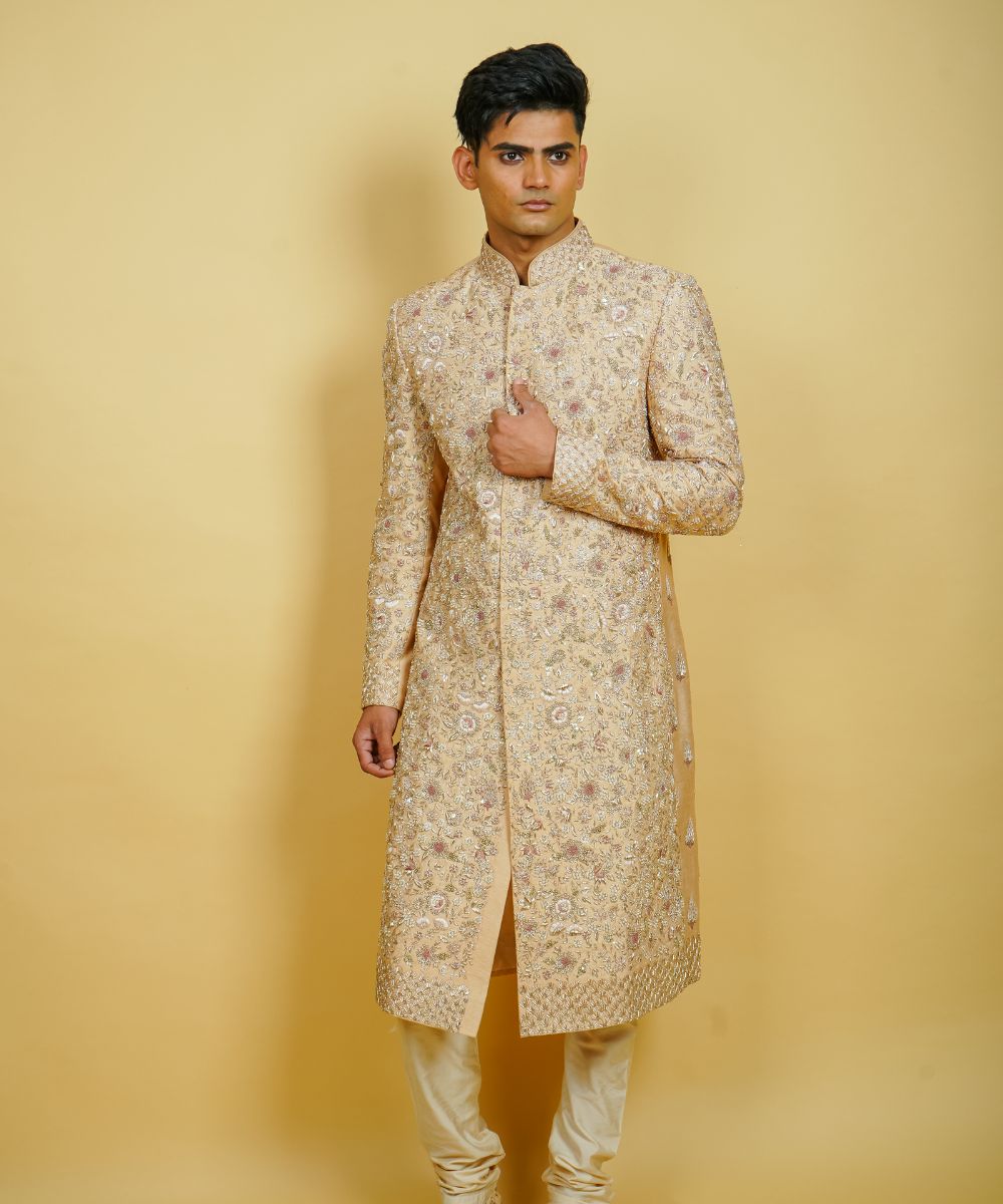 Peach Silk Hand Embroidered with Zardosi Thread