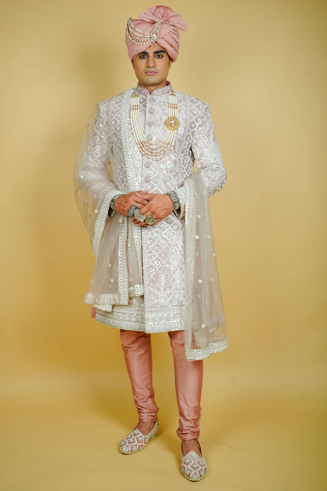 Mauve Silk Sherwani with Zari Sequin Dori Embroidery