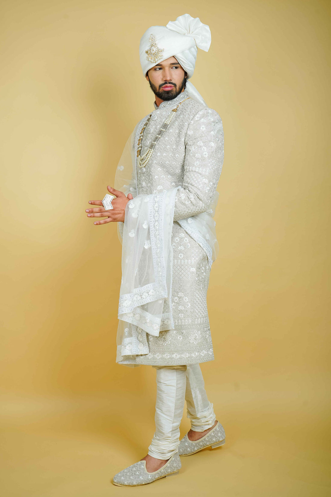 Grey Silk Sherwani Hand Embroidered with Glass Cut Dana