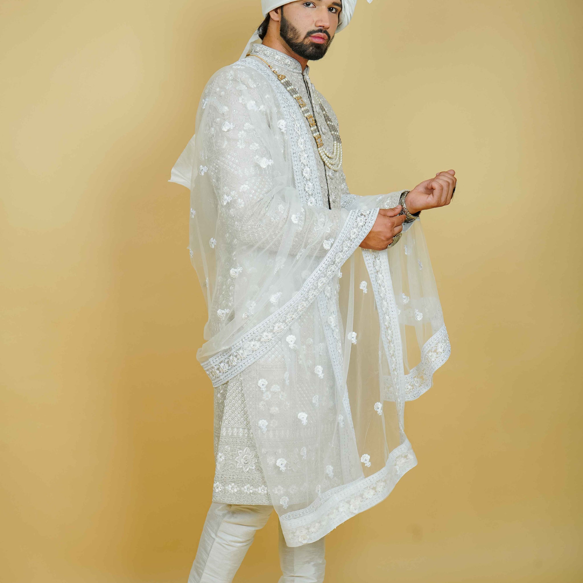 Grey Silk Sherwani Hand Embroidered with Glass Cut Dana