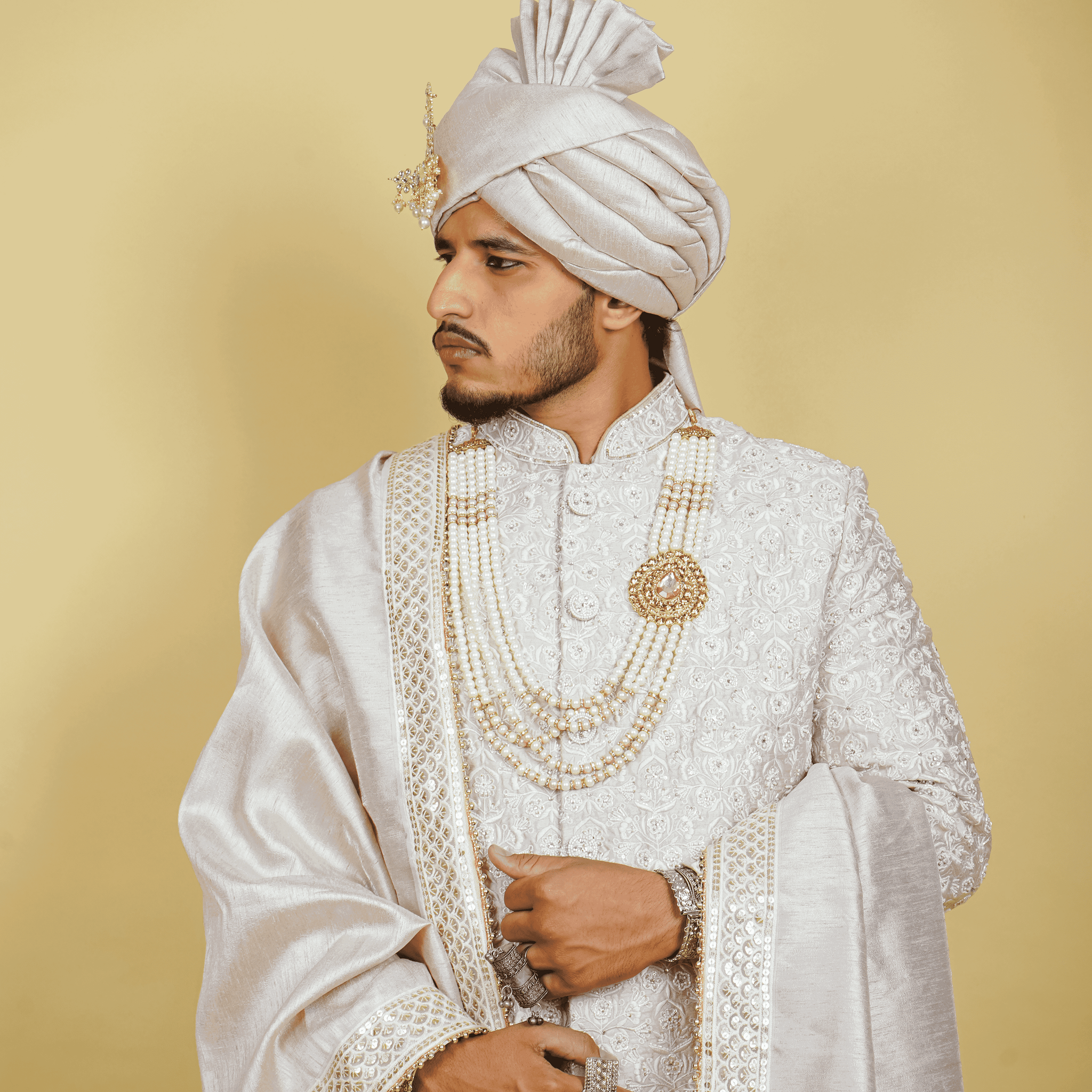 Mauve Silk Sherwani Hand Embroidered with Jarkan, Pearls, and Thread