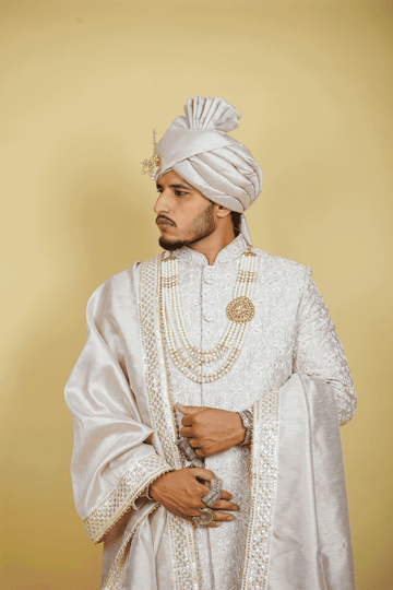 Mauve Silk Sherwani Hand Embroidered with Jarkan, Pearls, and Thread