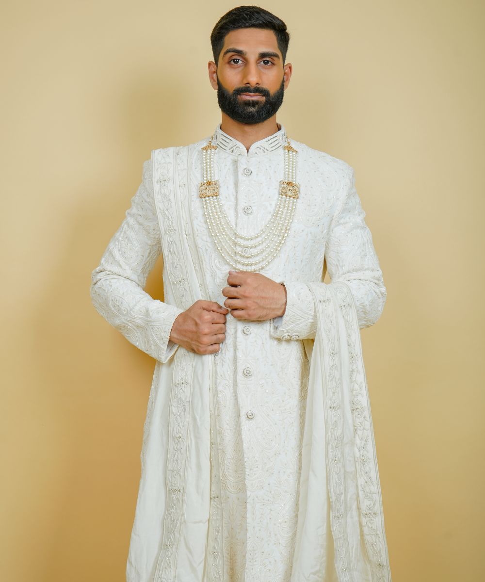 Ivory Nawabi Sherwani with Hand Embroidered Thread and Pearls
