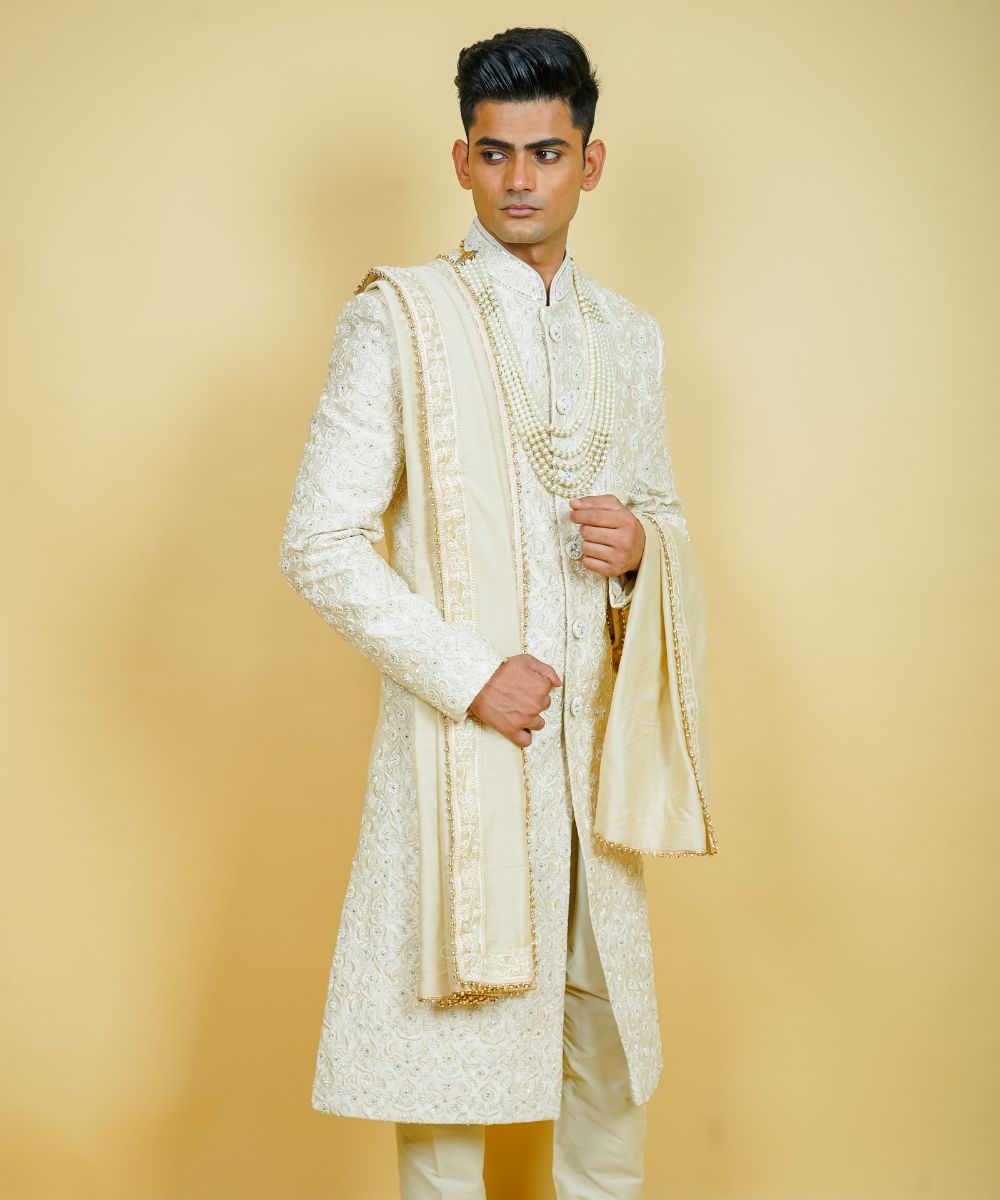 Ivory Silk Hand Embroidered Sherwani with Thread & Pearls