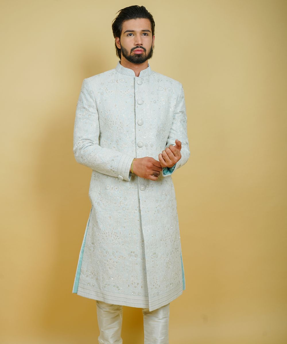 Ice Blue Georgette Hand Embroidered with Cut Dana, Pearls, and Stone Thread
