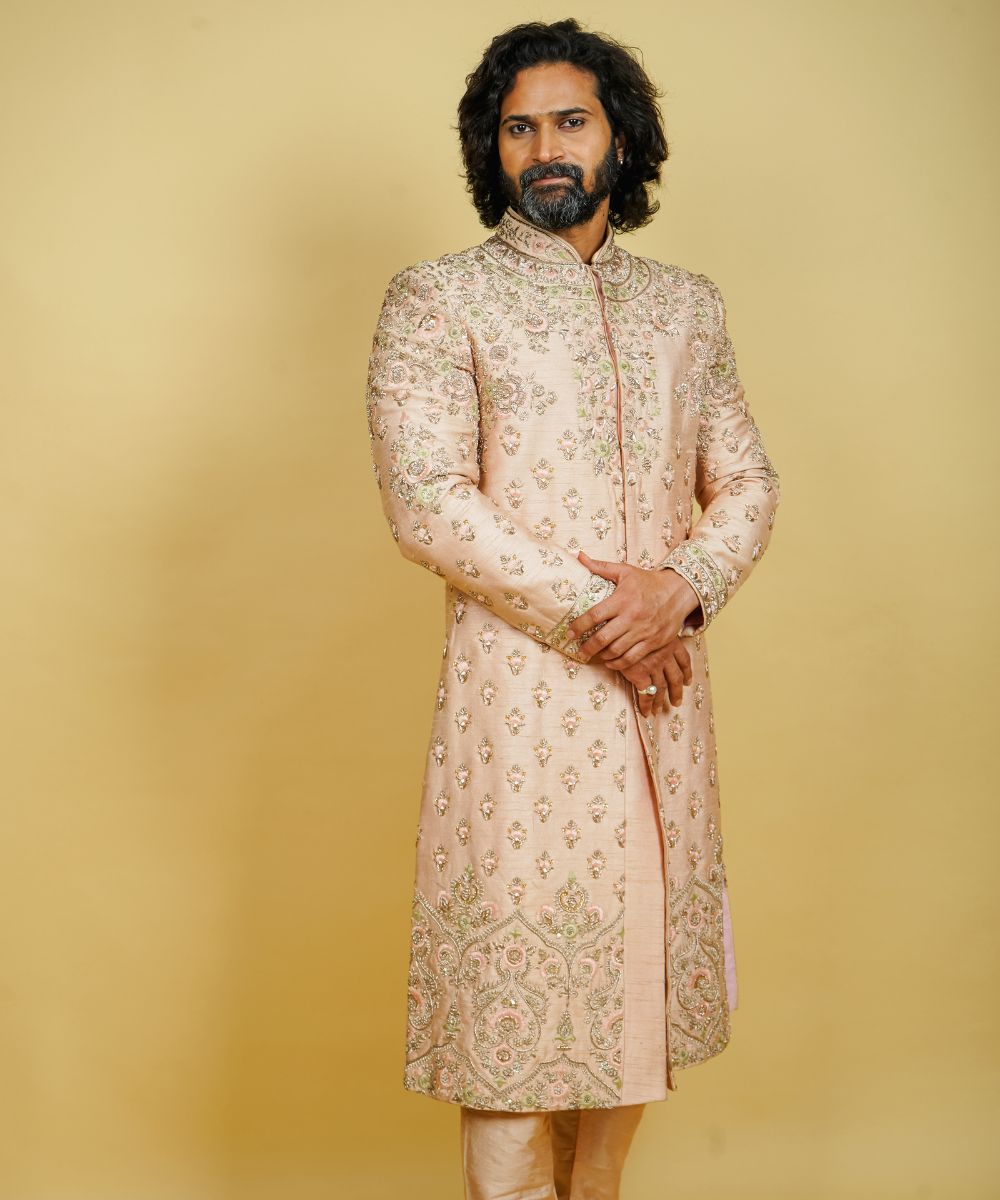 Peach Silk Hand Embroidered with Zardosi Thread and Pearls