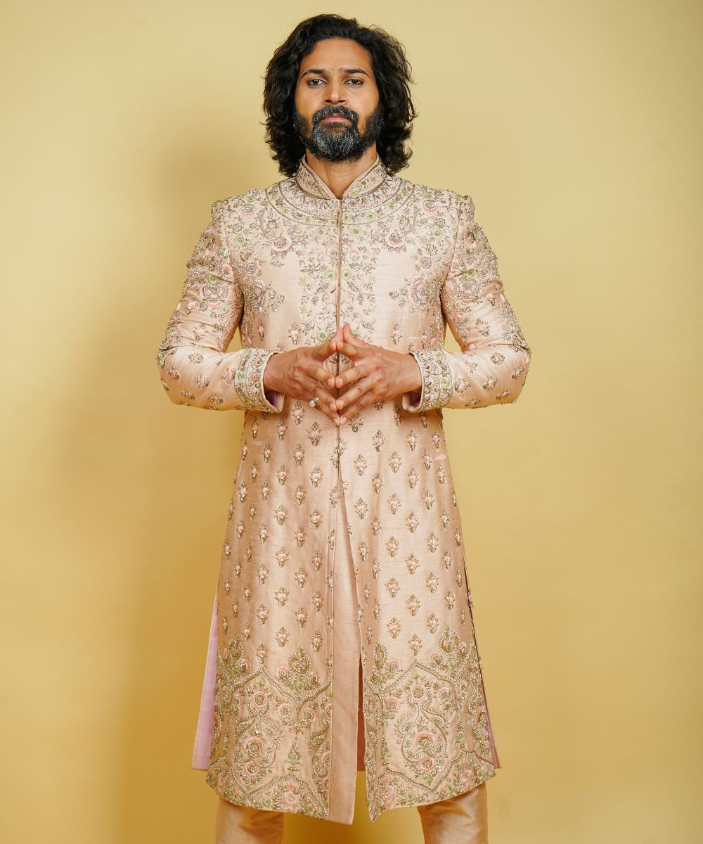 Peach Silk Hand Embroidered with Zardosi Thread and Pearls