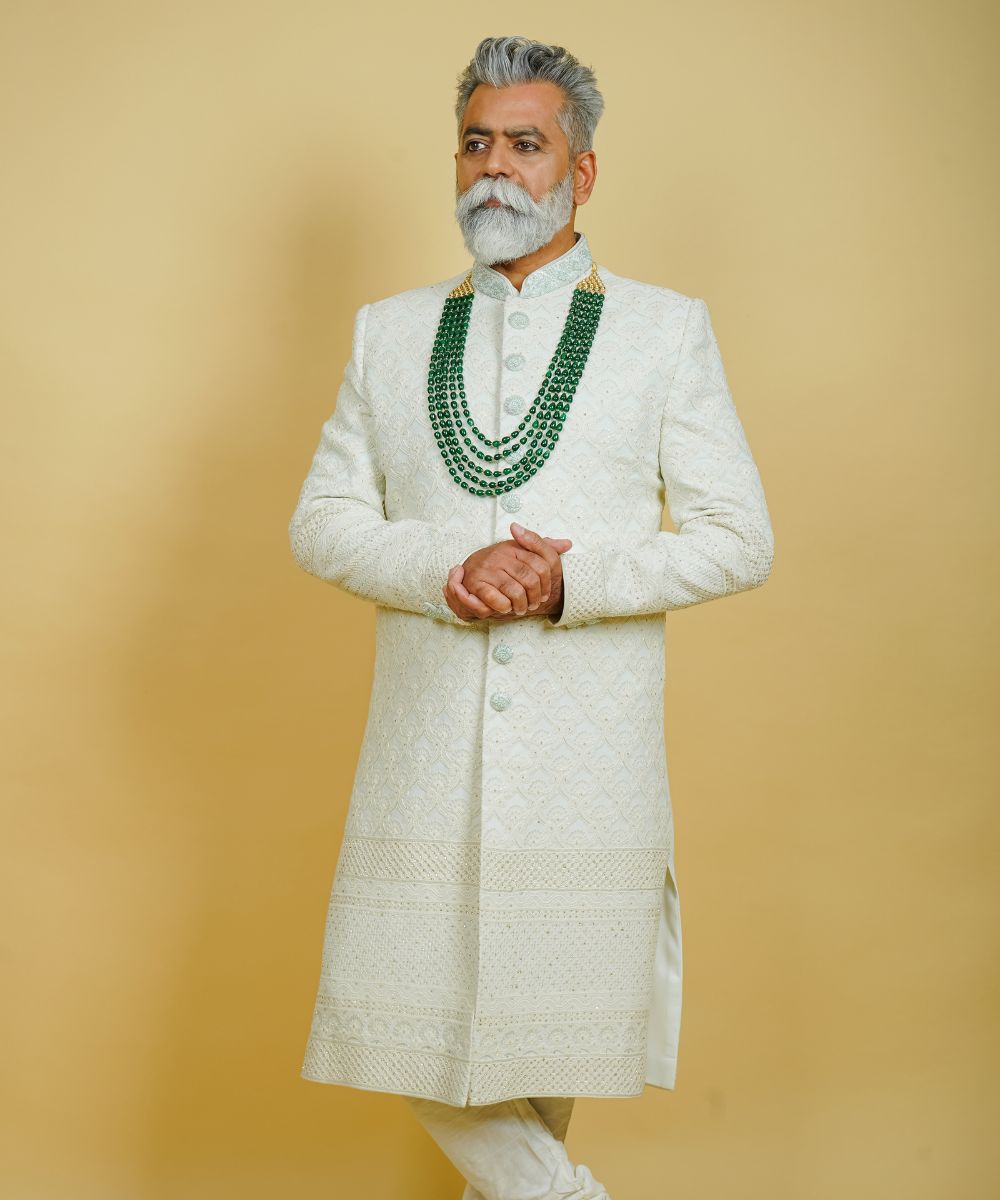 Ice Blue Georgette Hand Embroidered with Lucknowi Thread and Stone Highlights