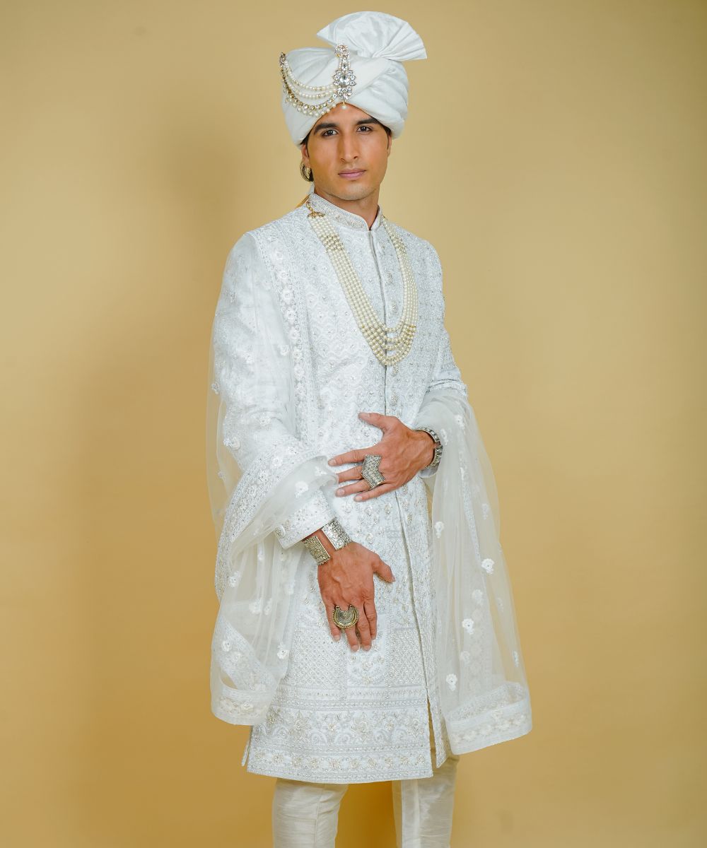 White Silk Hand Embroidered with Cut Dana, Stones, Dori, and Thread