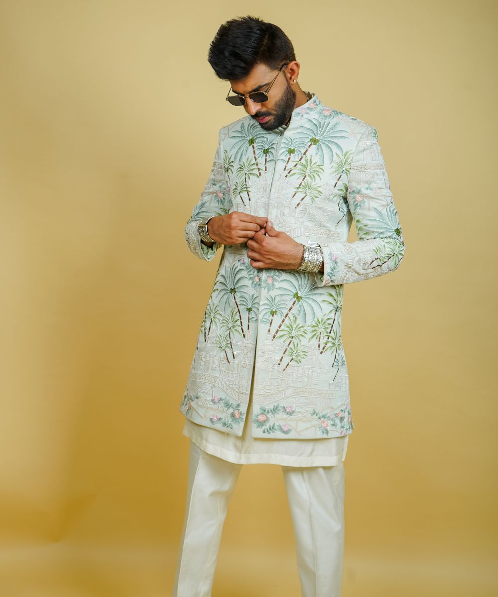 Jacket Style Thread Embroidered Indowestern Set