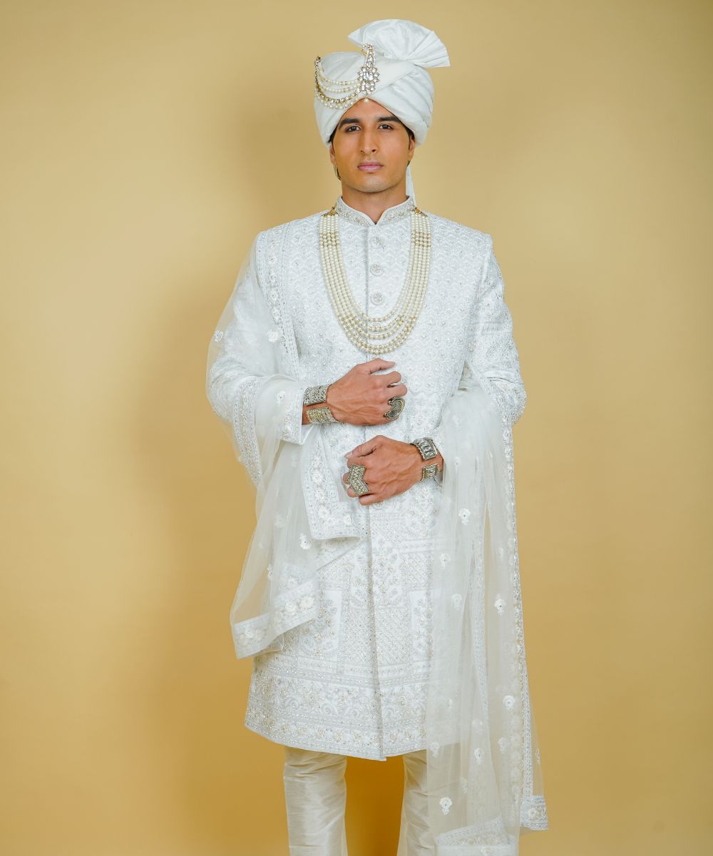 White Silk Hand Embroidered with Cut Dana, Stones, Dori, and Thread