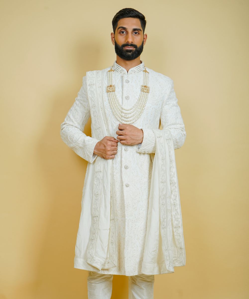 Ivory Nawabi Sherwani with Hand Embroidered Thread and Pearls