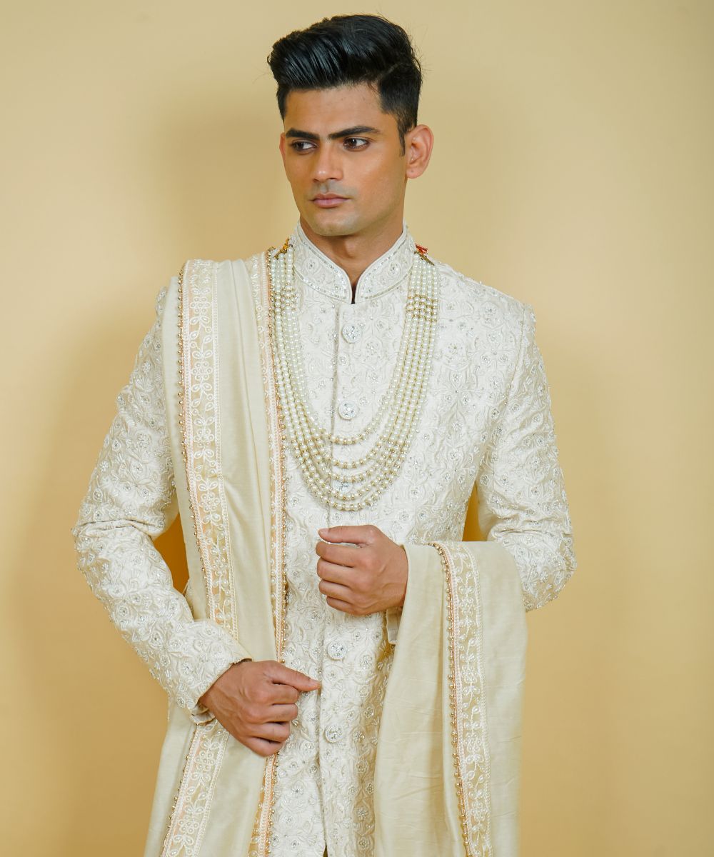 Ivory Silk Hand Embroidered Sherwani with Thread & Pearls
