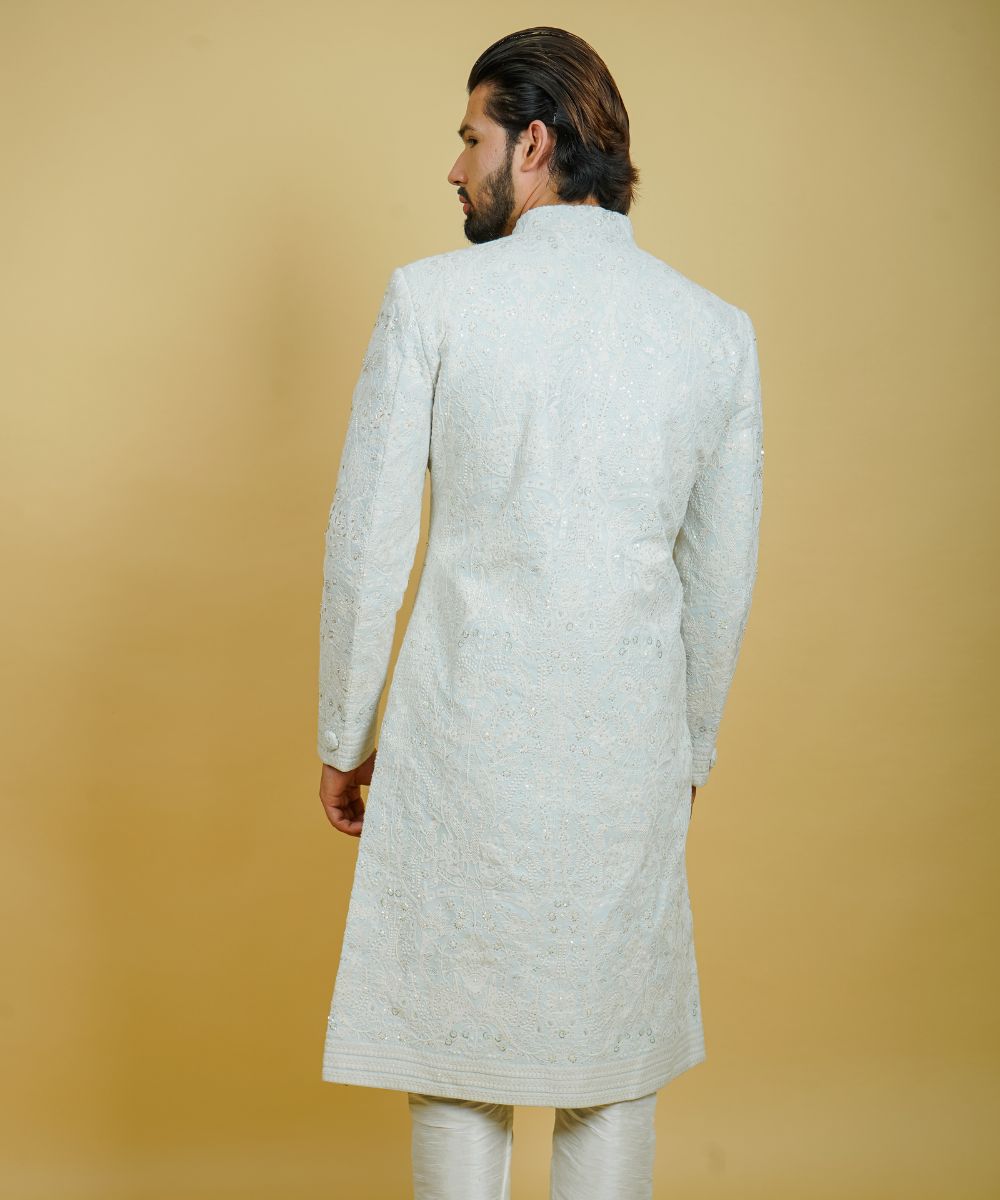 Ice Blue Georgette Hand Embroidered with Cut Dana, Pearls, and Stone Thread