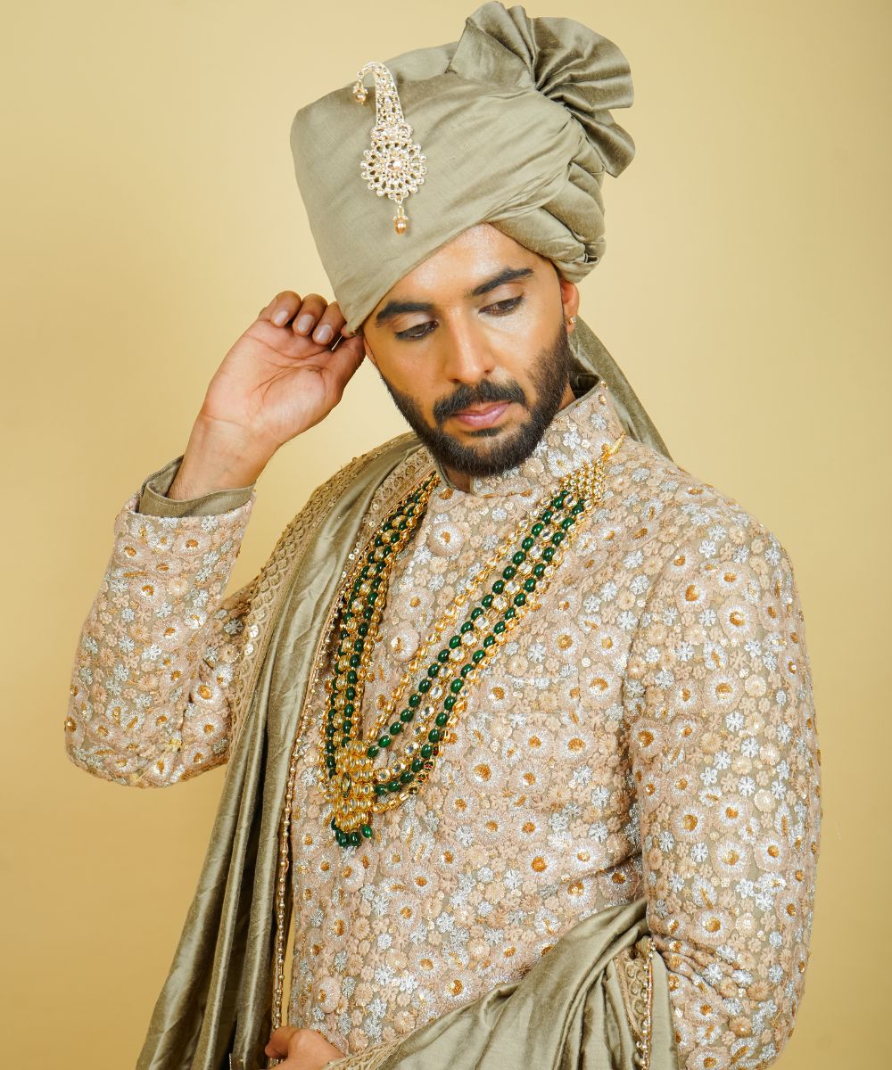 Gold Silk Hand Embroidered with Dori, Badla, and Sequins
