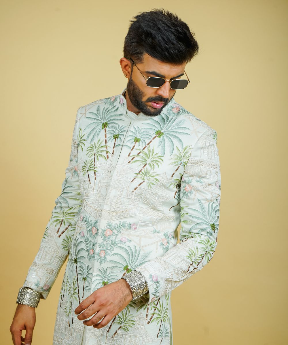 Jacket Style Thread Embroidered Indowestern Set
